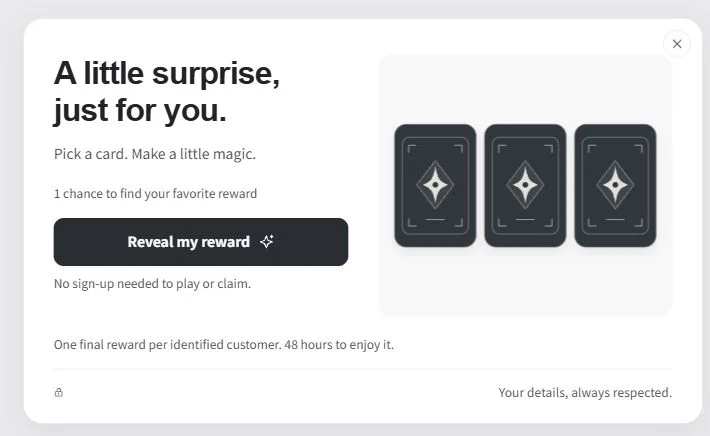 Perk Studio Essential card-reveal design with a clear reward button and three cards.